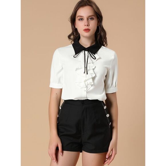 Women's Contrast Collar Tie Ruffle Front Button Short Sleeve Shirt White - Picture 2 of 6